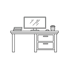 Hand-Drawn Outline of Office Desk Setup with Coffee and Books Beside Monitor