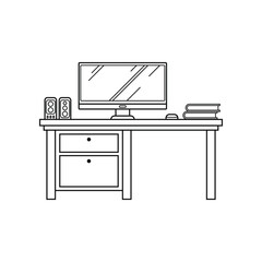 Hand-Drawn Outline of Office Desk Setup with Speakers Besides Monitor
