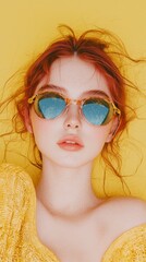 Fototapeta premium Stylish Redhead Woman in Yellow Knitwear Sunglasses