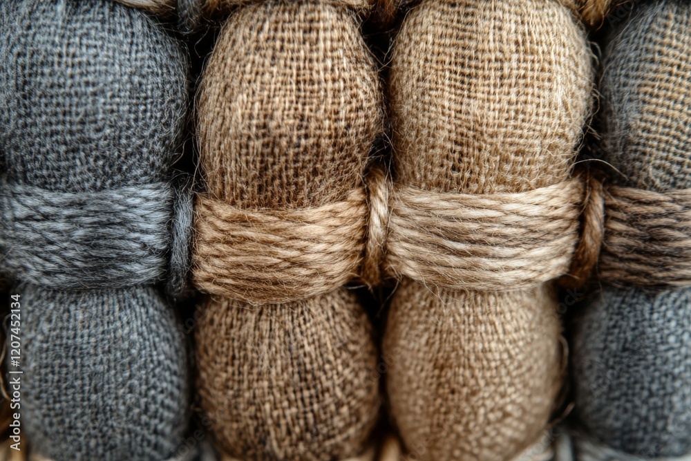 Poster Natural fibers stacked in neat rows showcasing various shades of gray and brown, emphasizing texture and craftsmanship