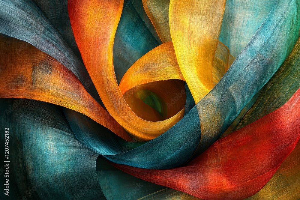 Poster Vibrant swirling fabrics create a dynamic pattern of colors in an abstract design