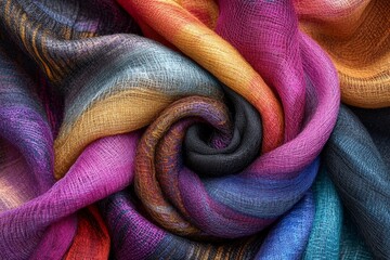 Colorful silk scarf arranged in a spiral pattern showcasing vibrant hues at a textile market