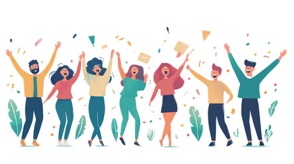 A diverse group of people celebrating joyfully with hands raised, surrounded by colorful confetti and greenery, against a white background.