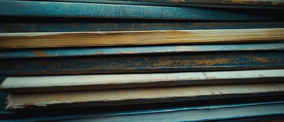 Close-up of a stack of old books with worn covers.