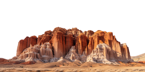 PNG cut out isolated background. A stunning red rock formation showcasing intricate patterns and towering cliffs, set against a clean white background. 