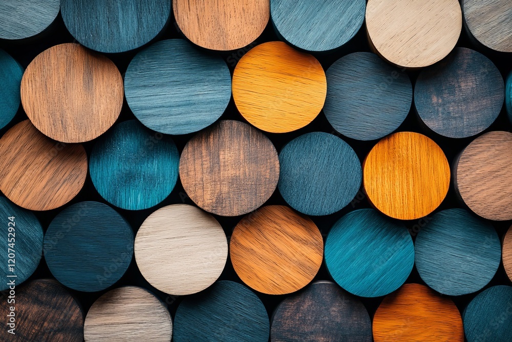 Poster colorful wooden circles arranged in a decorative pattern showcasing various shades and textures in a
