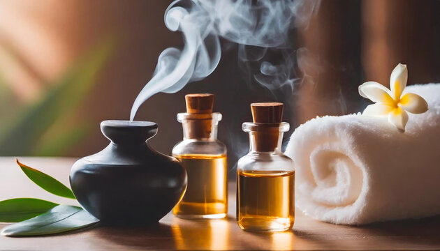 Un difusor de aromaterapia junto a frascos con aceite de esencias de hierbas relajantes