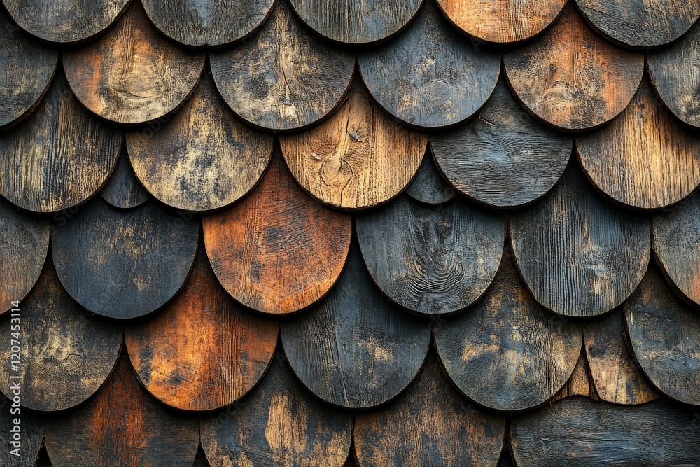 Poster Wooden shingle wall displaying a unique texture with varying shades and patterns in an outdoor setting