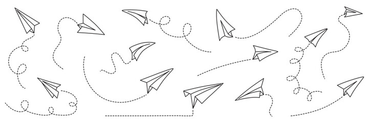 Hand drawing paper airplanes set. Vector stock illustration isolated on white background for design template business or education presentation, information banner. Editable stroke dash line.