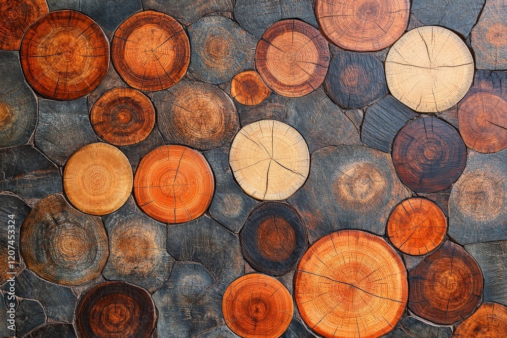 Aufkleber wooden circles arranged aesthetically with varying colors and textures in a natural setting during d