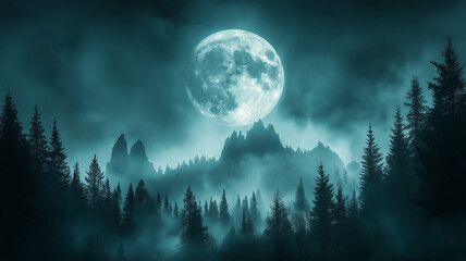 A bright full moon casts an eerie glow over a misty forest and jagged mountain peaks, creating a mysterious and atmospheric night scene.
