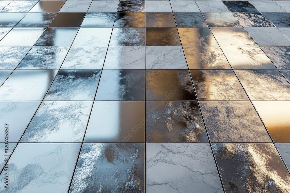 Poster Reflection of polished tiles showing various textures and colors in a modern interior setting
