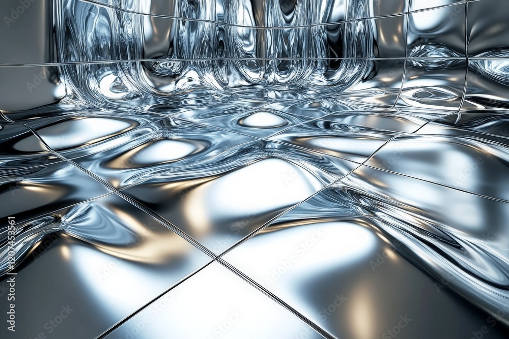 Aufkleber Reflective metallic surface with fluid patterns creating a dynamic visual effect in a bright environment