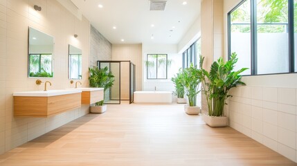 Fototapeta premium Bright and Spacious Modern Bathroom with Large Windows, Elegant Fixtures, Natural Elements, and Contemporary Design Features for Relaxation and Comfort