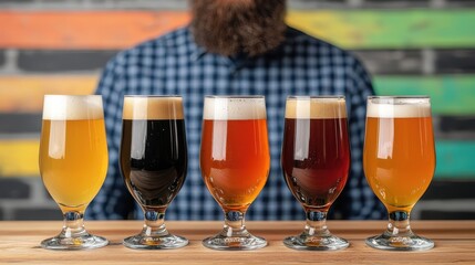 A row of five beer glasses filled with different types of beer, set on a wooden surface, with a blurred background featuring a person with a beard.