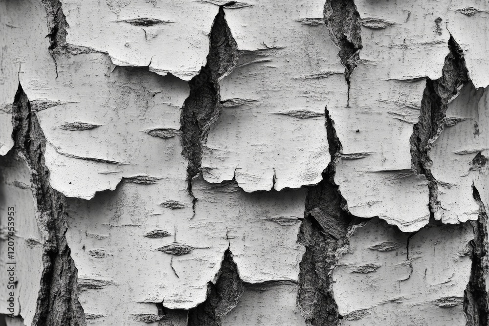 Poster Close-up view of textured birch tree bark showcasing natural patterns and details in black and white