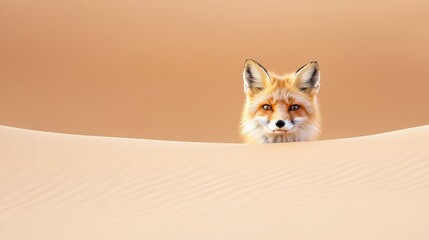 Obraz premium Red fox peeking over sandy landscape, showcasing its vibrant fur and curious expression amid a warm desert backdrop filled with soft, flowing textures.