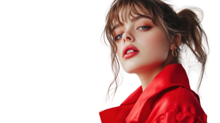 A fashionable woman in a striking red jacket, exuding confidence and style against a white isolate background.