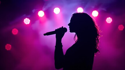Silhouette of a Female Singer Performing Under Backlit Stage Lights and Smoke