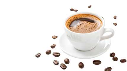 A fresh cup of brewed coffee in a white ceramic cup, surrounded by scattered coffee beans against a clean, white background.