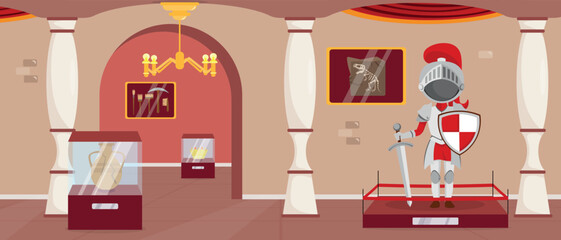 Vector illustration of museum interior.Cartoon scene of exhibition hall with ancient artifacts: knight armor,sword, shield, cracked vase, crown, dinosaur bones, tools, columns,chandelier,red curtains.