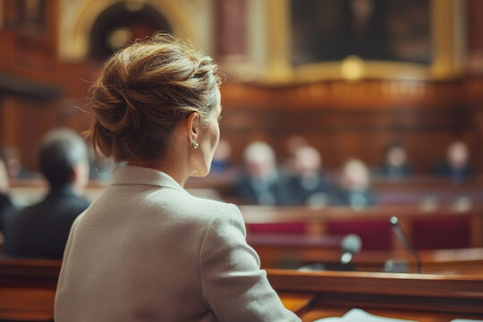 A female politician in a legislative chamber. Shes speaking passionately during a session with other lawmakers