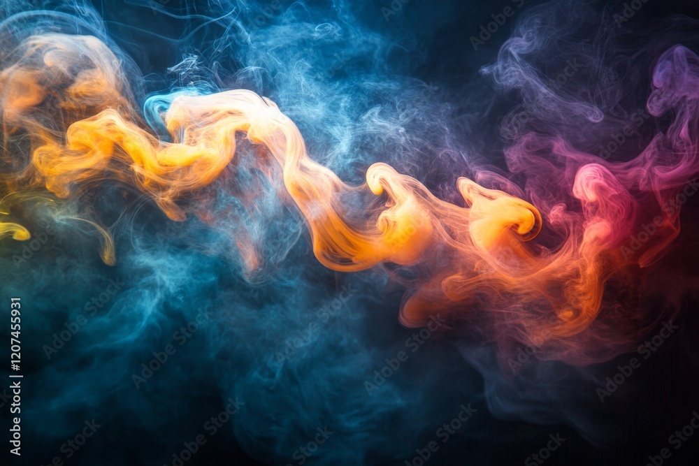 Poster Colorful smoke swirls create a mesmerizing display in dark background during artistic performance