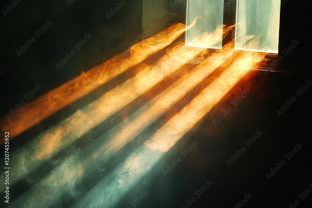 Aufkleber light beams streaming through a window highlighting colorful smoke patterns in a dim room
