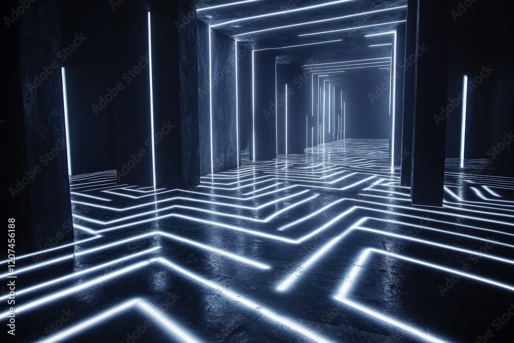 Poster Modern illuminated corridor with geometric light patterns in a dark setting