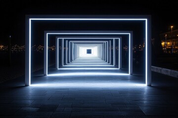 Bright illuminated tunnel in waterfront park at night creating a mesmerizing visual effect in the...