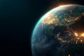 goals and sustainability concept, Earth illuminated at night, showcasing city lights and space.
