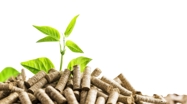 A growing plant emerges from a pile of biomass pellets, symbolizing sustainability and eco-friendly practices in renewable energy production.