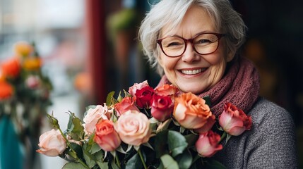 A happy, cheerful woman is holding a bouquet of roses.