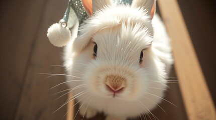 Obraz premium Adorable white bunny rabbit wearing a festive hat.