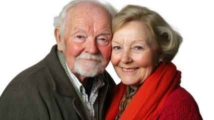 A joyful elderly couple smiling together, showcasing love and companionship against a white isolated background.