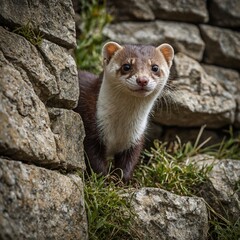 Obraz premium A weasel peeking out of a stone wall in a historic countryside setting.