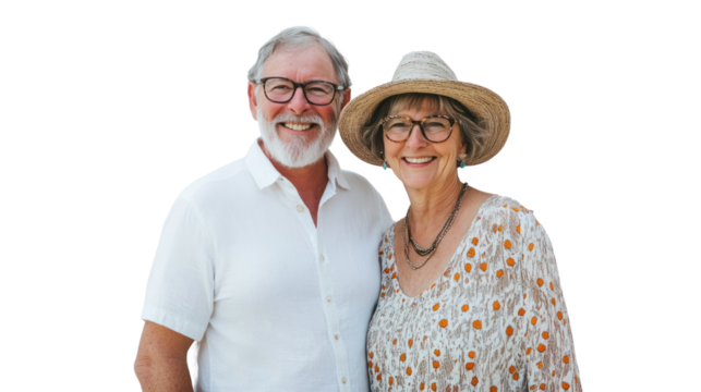 A joyful elderly couple smiling together outdoors, showcasing love and companionship. Ideal for themes of happiness and togetherness.