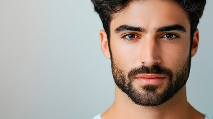 Fototapeta premium A stunning portrait of a confident young man showcasing his stylish hair and beard charm