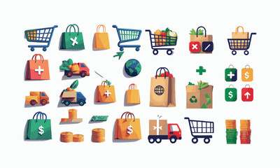 A unique and modern vector-style set of icons related to shopping and e-commerce, easily editable.