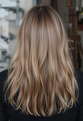 Naklejka premium A back view of a woman with long, straight blonde hair, showcasing a beautiful and modern hairstyle, ideal for beauty and haircare promotional material.