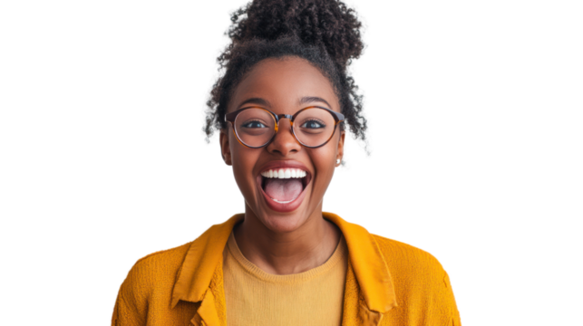 A joyful woman with curly hair and glasses, displaying happiness and excitement in a vibrant yellow jacket against a transparent background. - Powered by Adobe