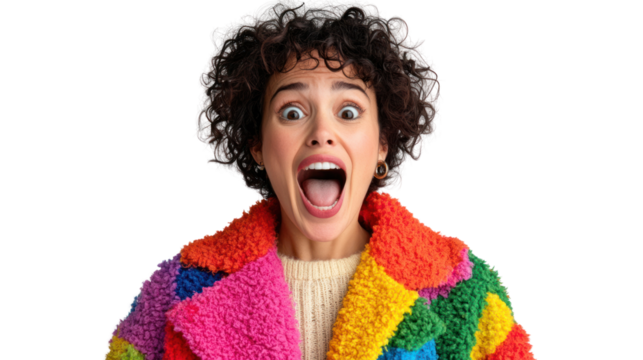 A joyful young woman expresses excitement with a big smile, wearing a colorful patterned coat against a white background. - Powered by Adobe