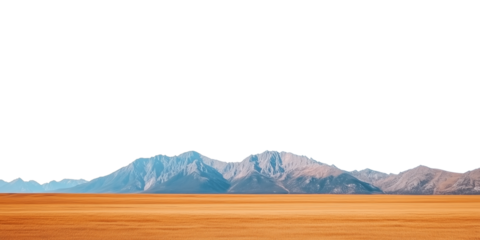 PNG cut out isolated background. A serene desert landscape featuring a vast golden plain and a distant mountain range under a clean white sky.