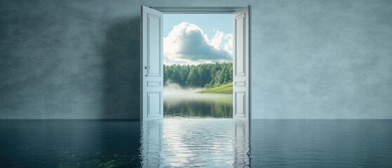 A flooded room with an open door leading to a tranquil lake scene.