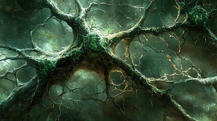 Intricate green network structure, resembling a neuron or alien landscape.