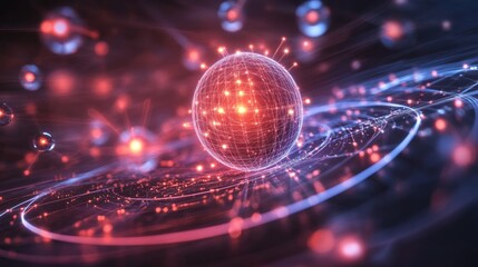 A concept of quantum computing with glowing particles and circuits.