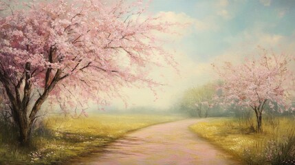 Peaceful Spring Landscape with Cherry Blossoms and a Winding Path