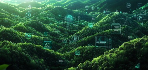 Obraz premium Frontal view of a lush green landscape, intertwined with glowing cryptocurrency symbols, symbolizing environmental conservation and tech harmony, digital art with vibrant colors