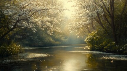 Fototapeta premium Sunlit Riverbank with Blossoming Trees in Spring