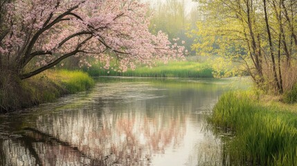 Obraz premium Peaceful River Scene with Blossoming Trees in Spring